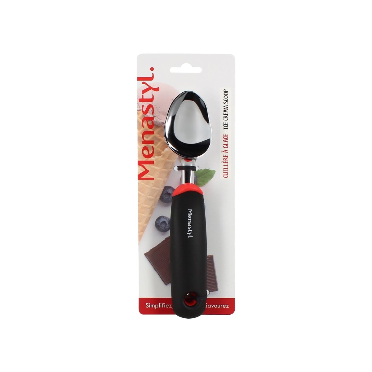 Cuillère à glace en acier inoxydable avec manche noir et scoop chromé, emballée sur fond d'illustration dessert