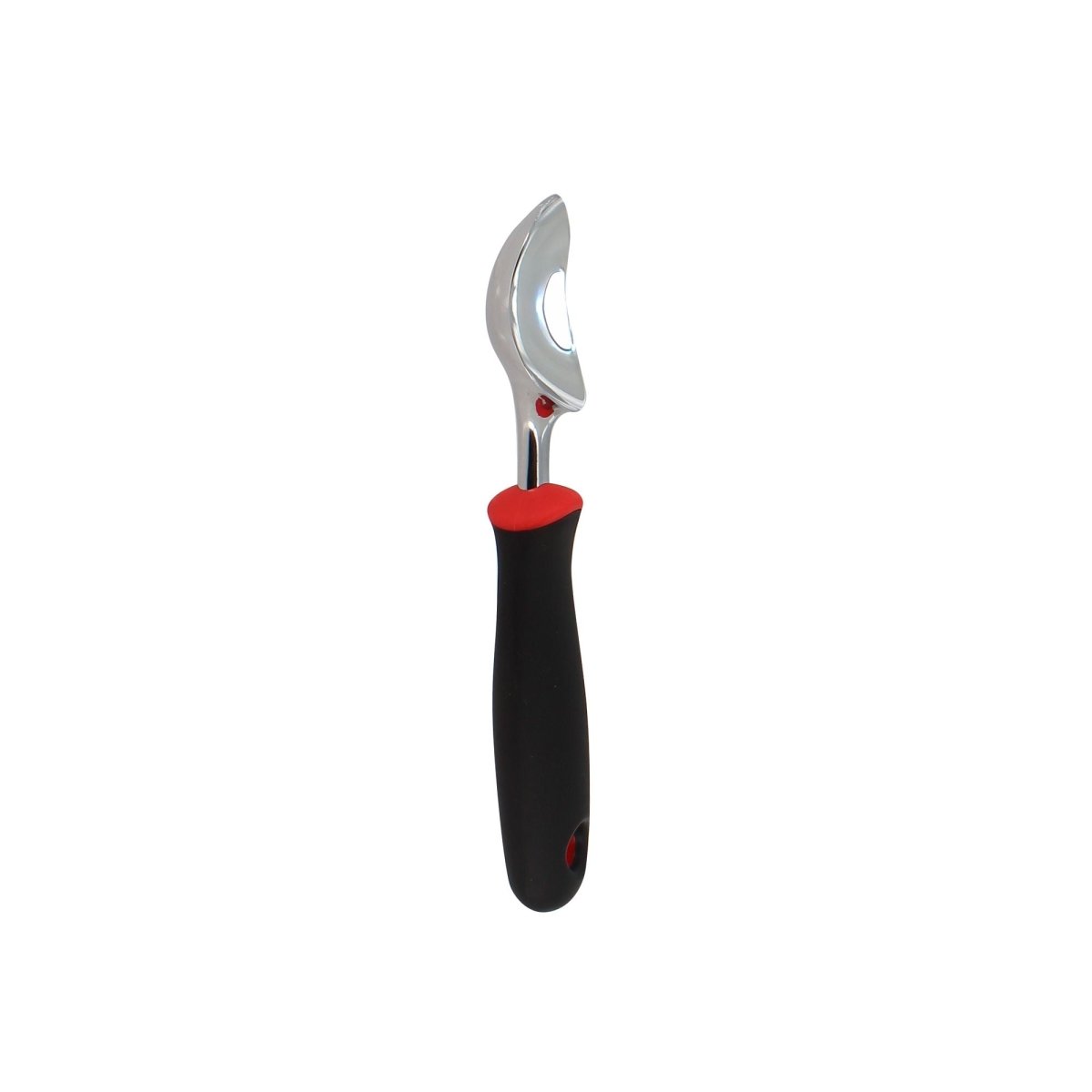 Cuillère à glace en acier inoxydable avec manche ergonomique noir et rouge, vue latérale sur fond blanc