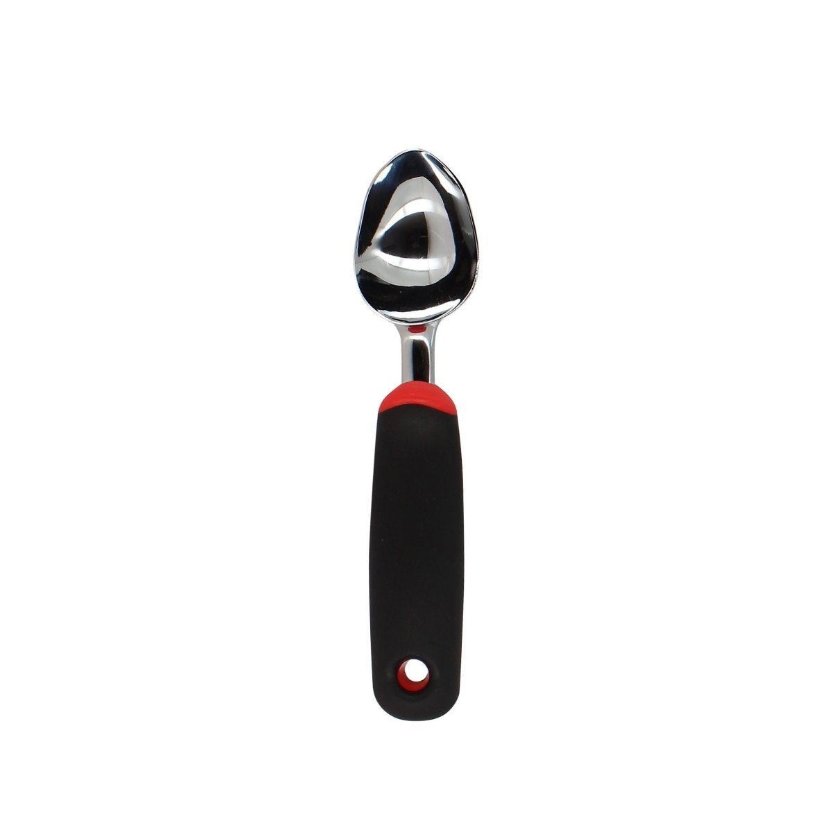 Cuillère à glace Menastyl en acier inoxydable avec manche ergonomique noir et rouge, vue de face sur fond blanc
