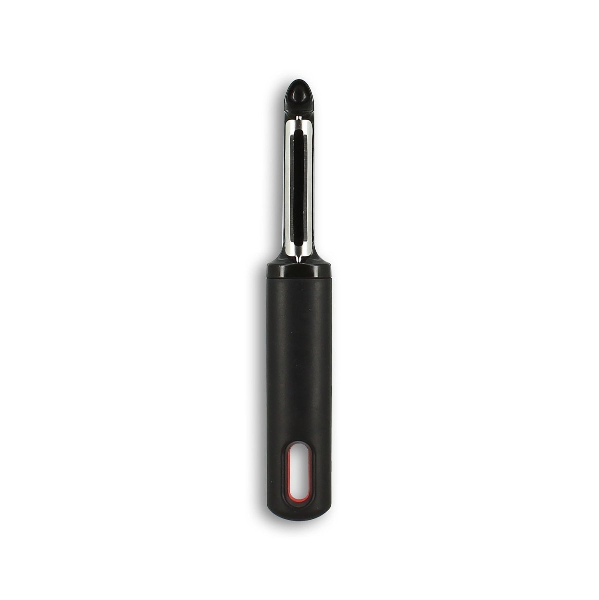 Économe Menastyl en acier inoxydable avec manche ergonomique noir, vue de face sur fond blanc