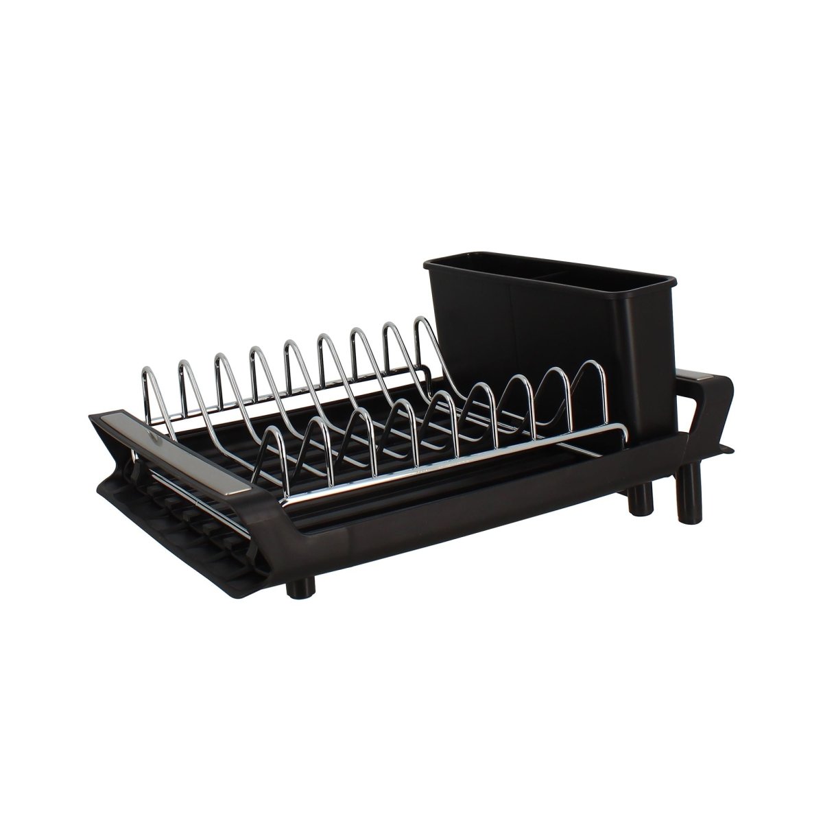 Égouttoir à vaisselle extensible Menastyl en polypropylène noir avec rack métallique et bac récupérateur, vue trois quarts