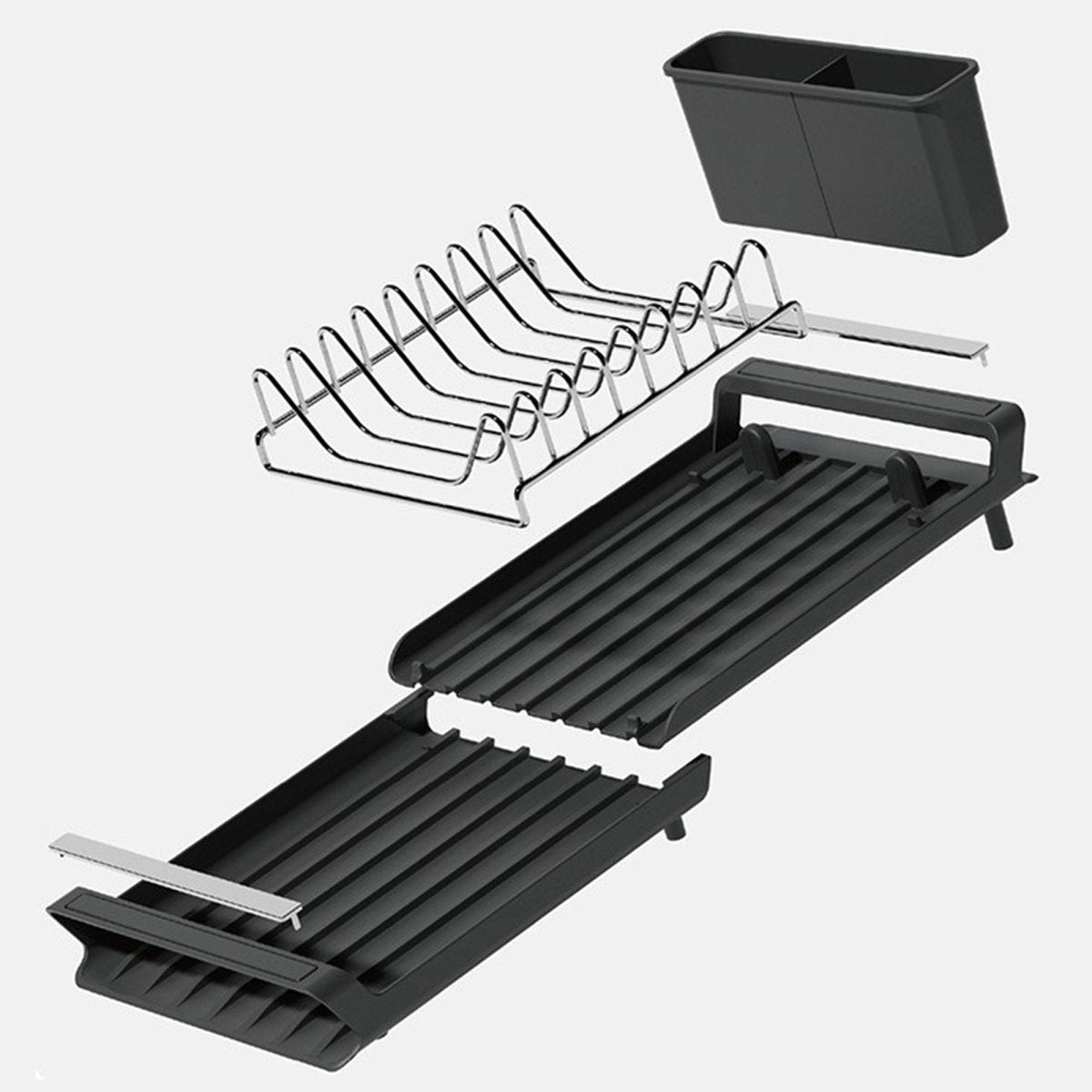 Vue éclatée égouttoir à vaisselle extensible en polypropylène noir avec grille inox et bac de récupération