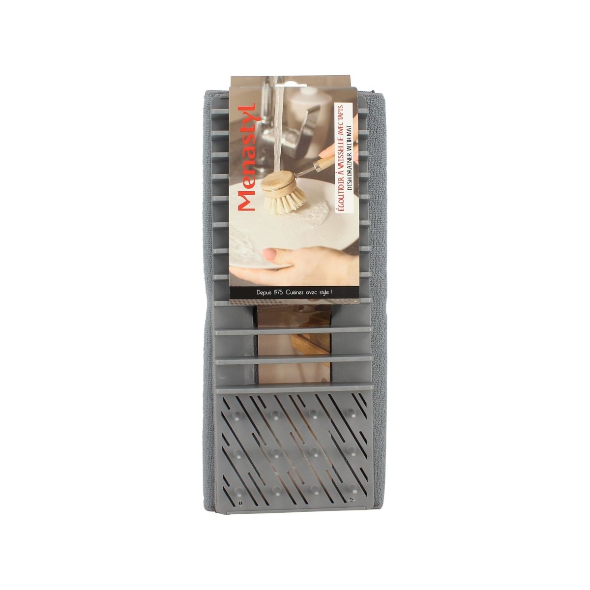 Égouttoir à vaisselle gris avec tapis polyester et séparateur adaptable, vue de face du packaging