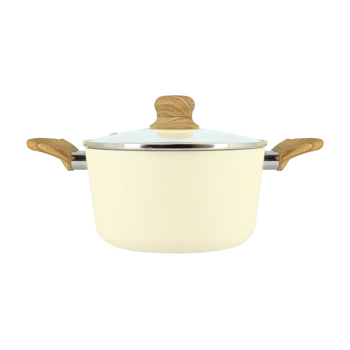 Faitout Colorama 20 cm crème avec couvercle en verre et poignées bois, vue de profil sur fond blanc