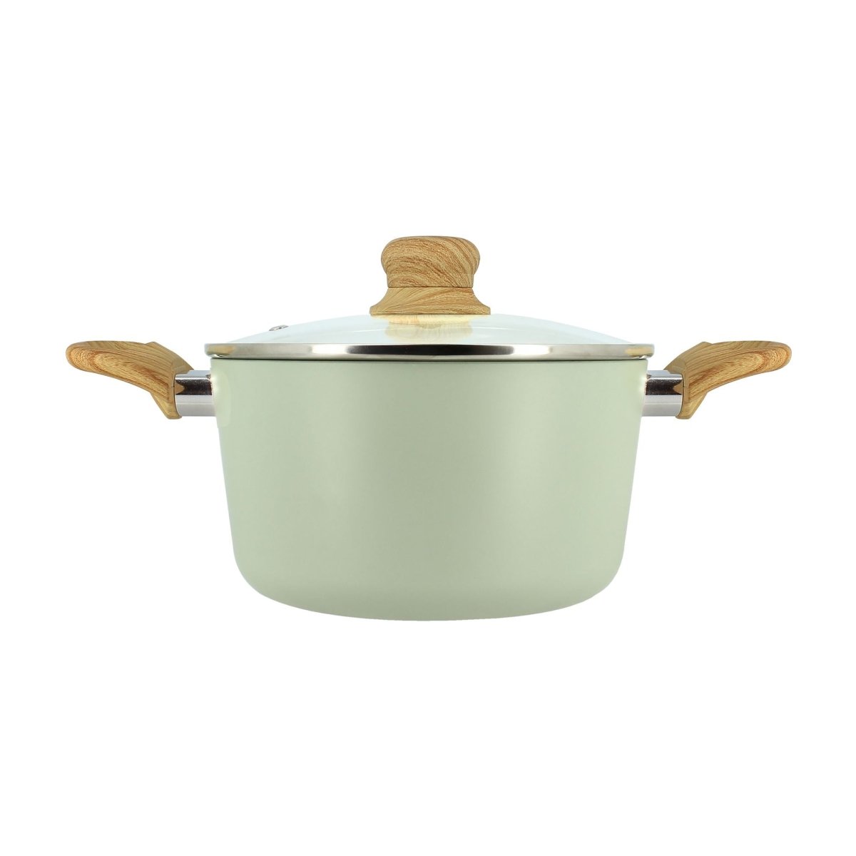 Faitout Colorama 20cm Menastyl vert menthe avec poignées bois et couvercle, vue de face sur fond blanc