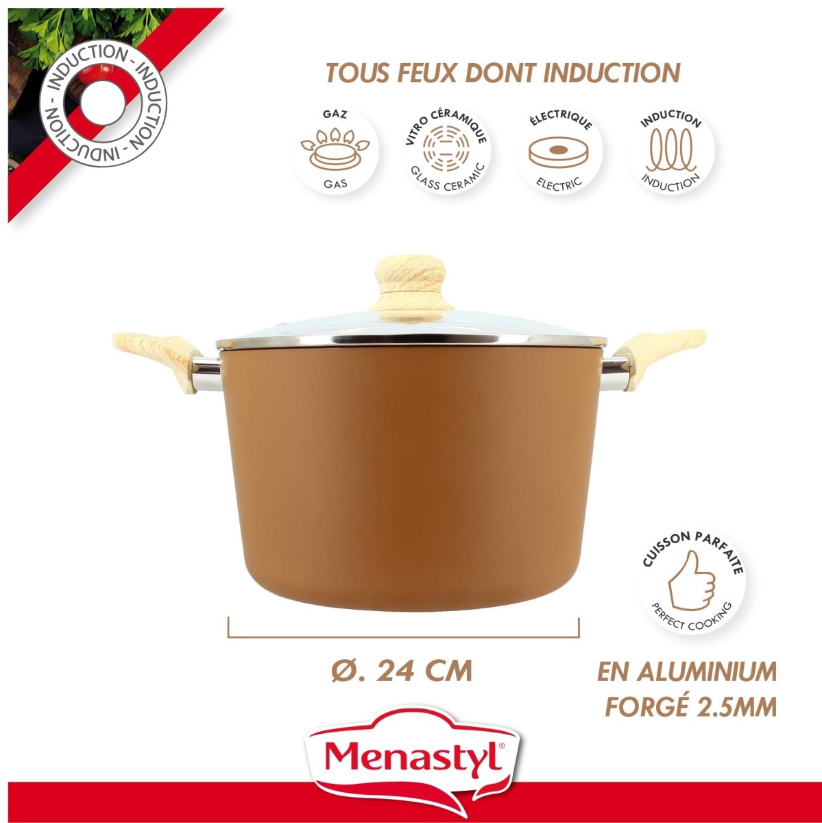 Faitout Colorama 24cm marron cuivré avec poignées bois, compatible tous feux dont induction, aluminium forgé