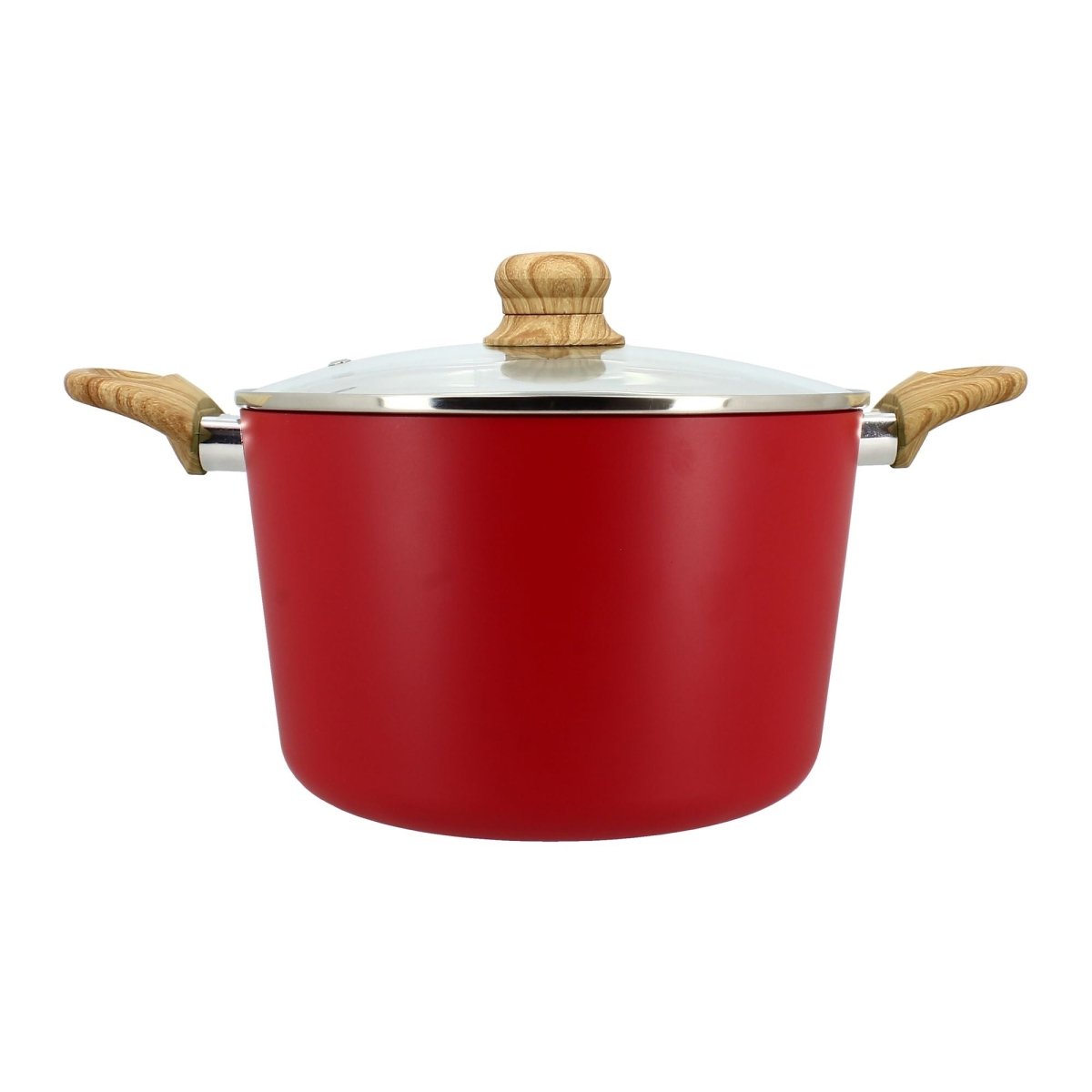Faitout Colorama 24 cm rouge avec couvercle verre et poignées bois, vue de face sur fond blanc