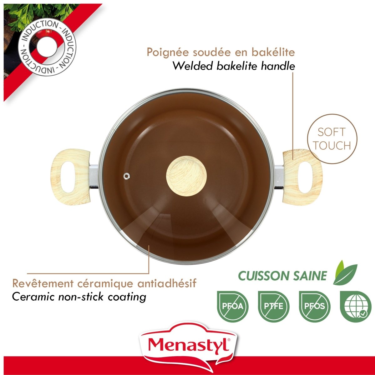 Vue de dessus du faitout Colorama 24cm avec revêtement céramique antiadhésif marron et poignées bakélite beige, détails caractéristiques produit