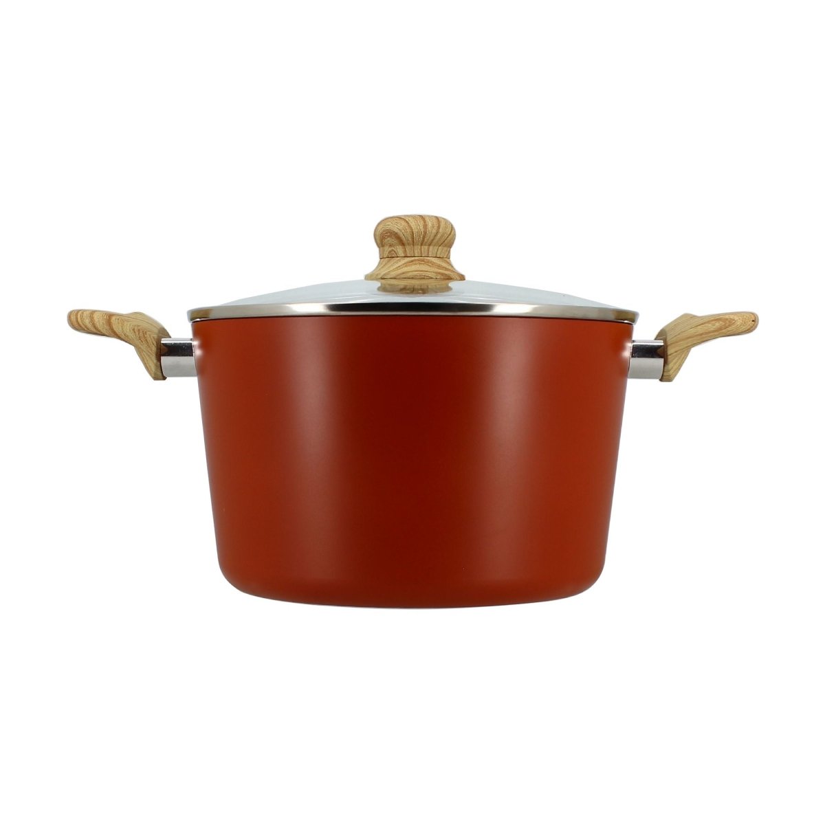 Faitout Colorama 24 cm orange terracotta avec couvercle en verre et poignées bois, vue de profil sur fond blanc