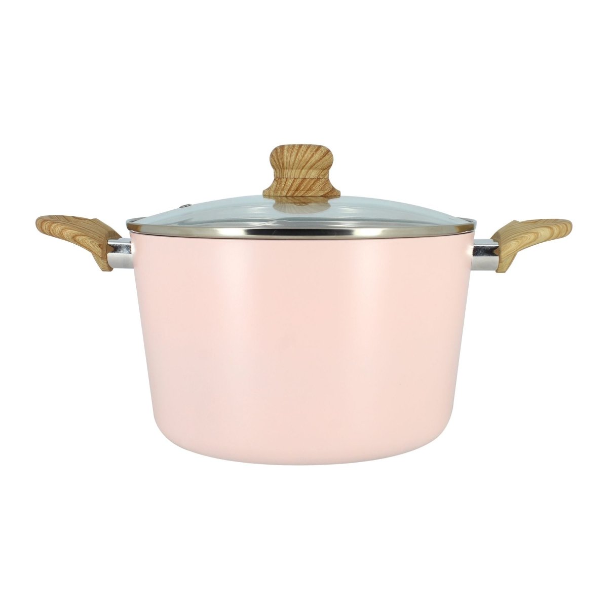 Faitout Colorama 24 cm rose poudré avec poignées bois et couvercle en verre, vue de face sur fond blanc