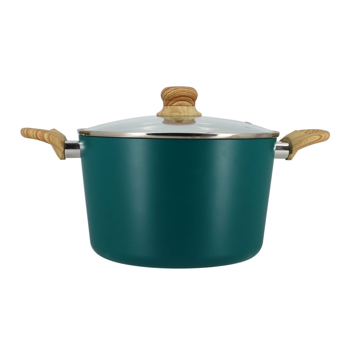 Faitout Colorama 24 cm bleu canard avec couvercle en verre et poignées en bois, vue de face sur fond blanc
