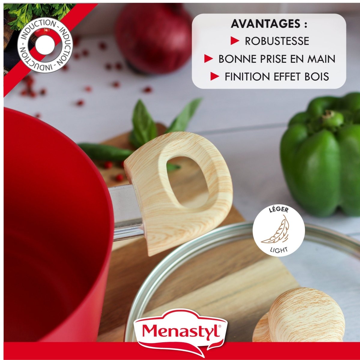 Faitout Colorama rouge 24cm avec manche bois clair effet induisant, entouré de légumes frais sur plan de travail