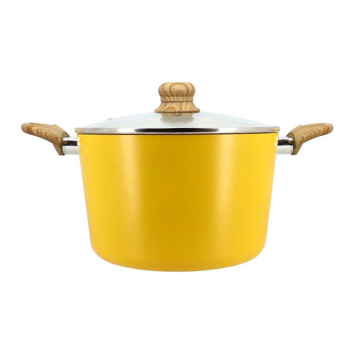 Faitout Colorama 24 cm jaune avec couvercle verre et poignées bois, vue de face sur fond blanc