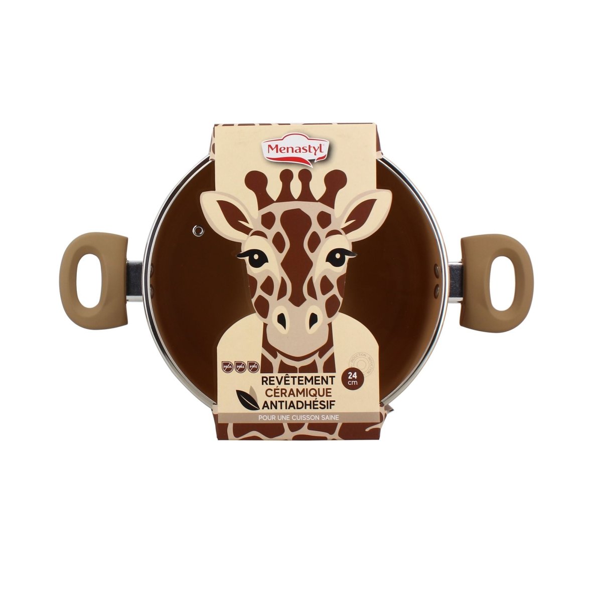 Faitout Girafe 24cm avec revêtement céramique marron et motif girafe, vue de dessus avec packaging
