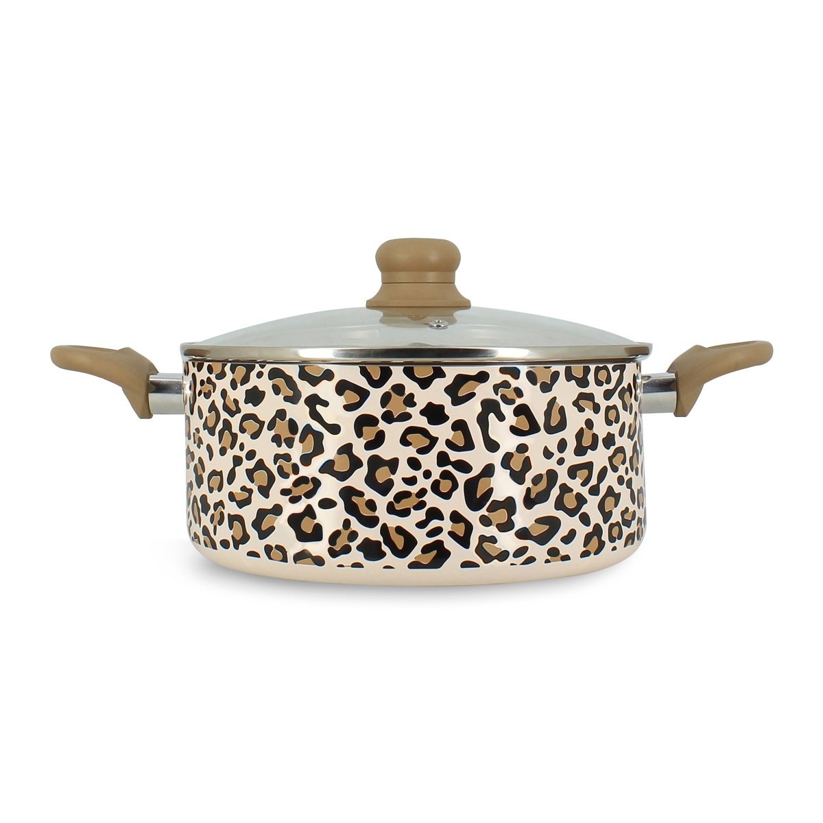 Faitout léopard 24cm Menastyl en aluminium avec couvercle verre, motif beige et noir, vue de face sur fond blanc