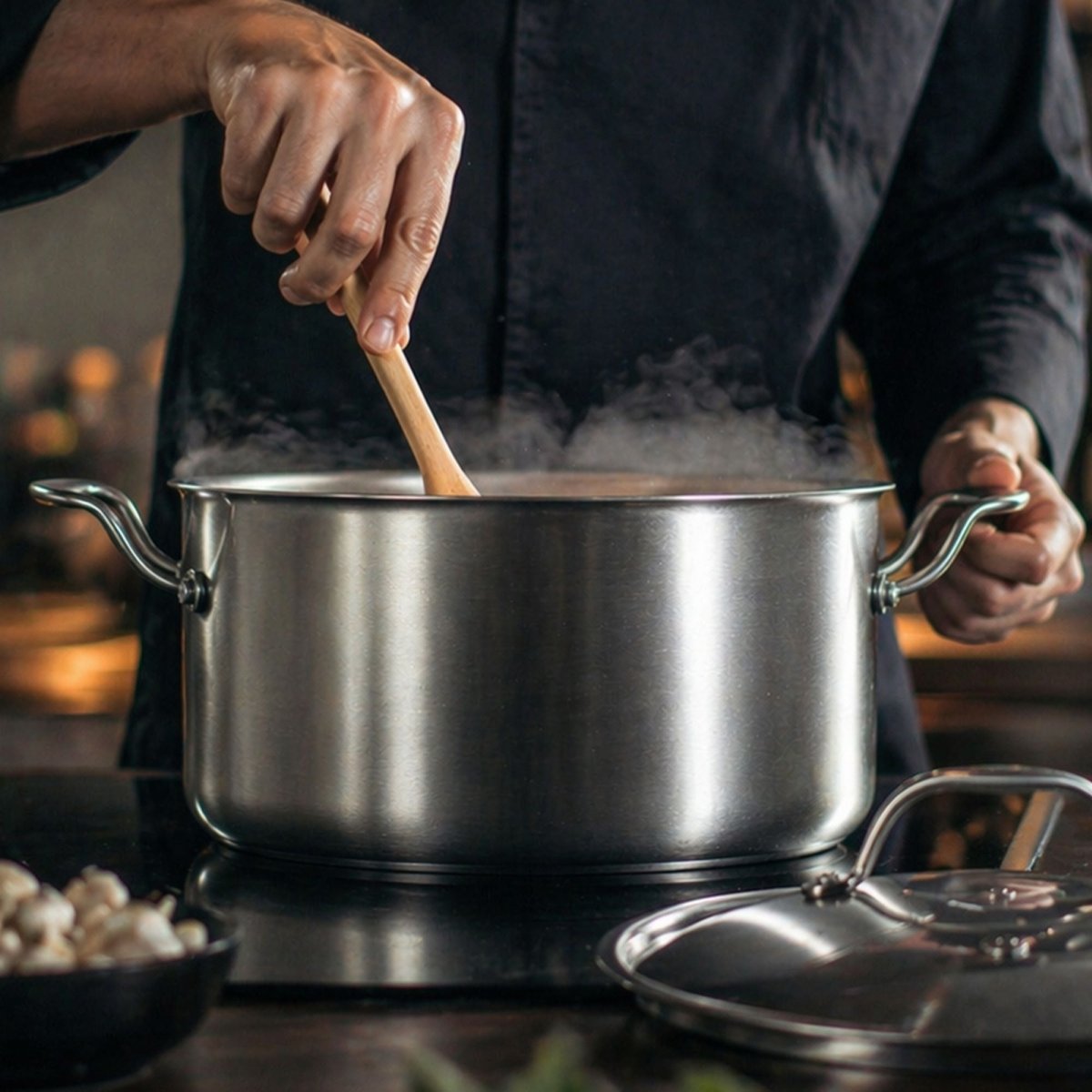Chef cuisinant avec faitout Triply 24cm en acier inoxydable triple couche, vapeur s'échappant du récipient