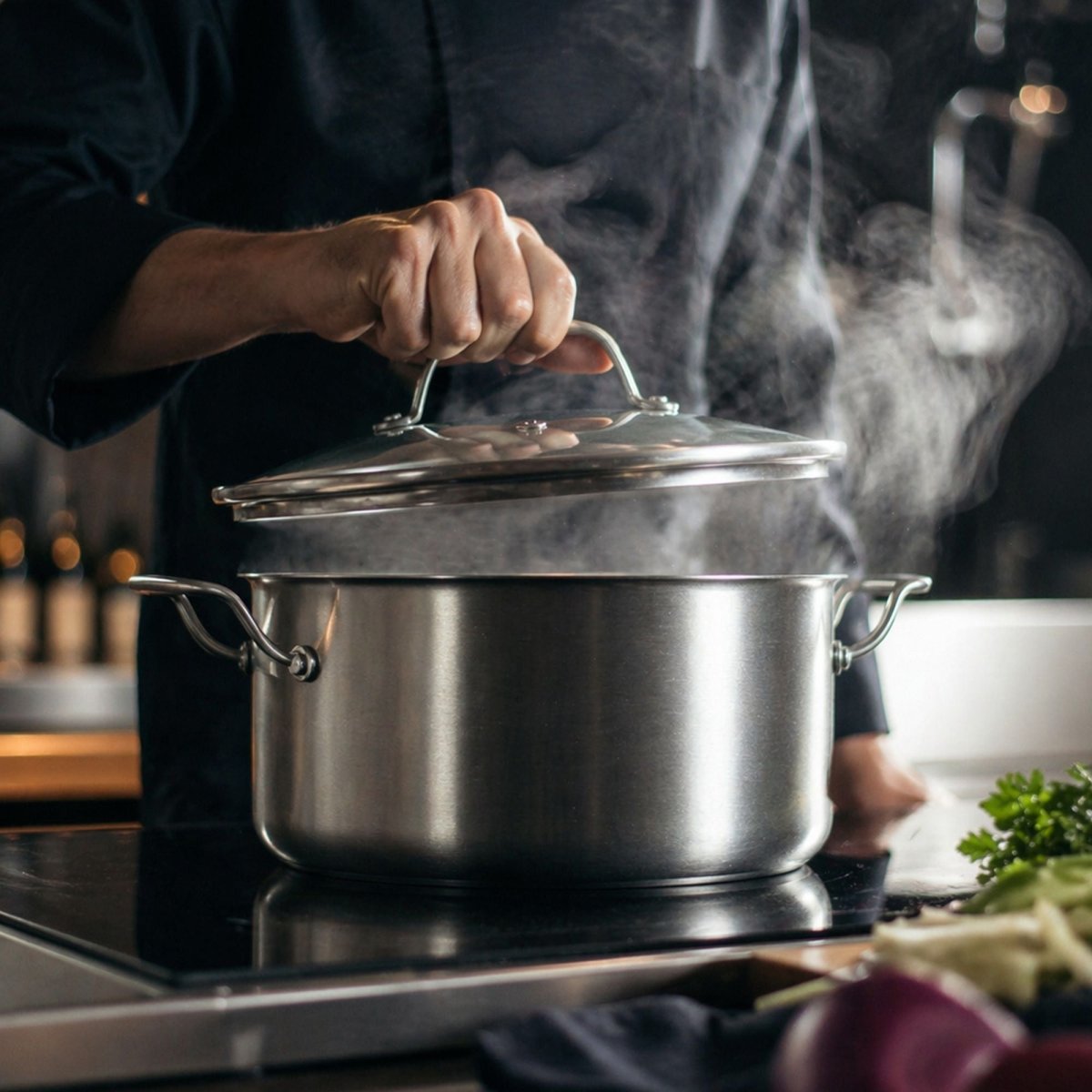 Faitout Triply 24cm en acier inoxydable avec vapeur de cuisson, chef soulevant le couvercle en verre