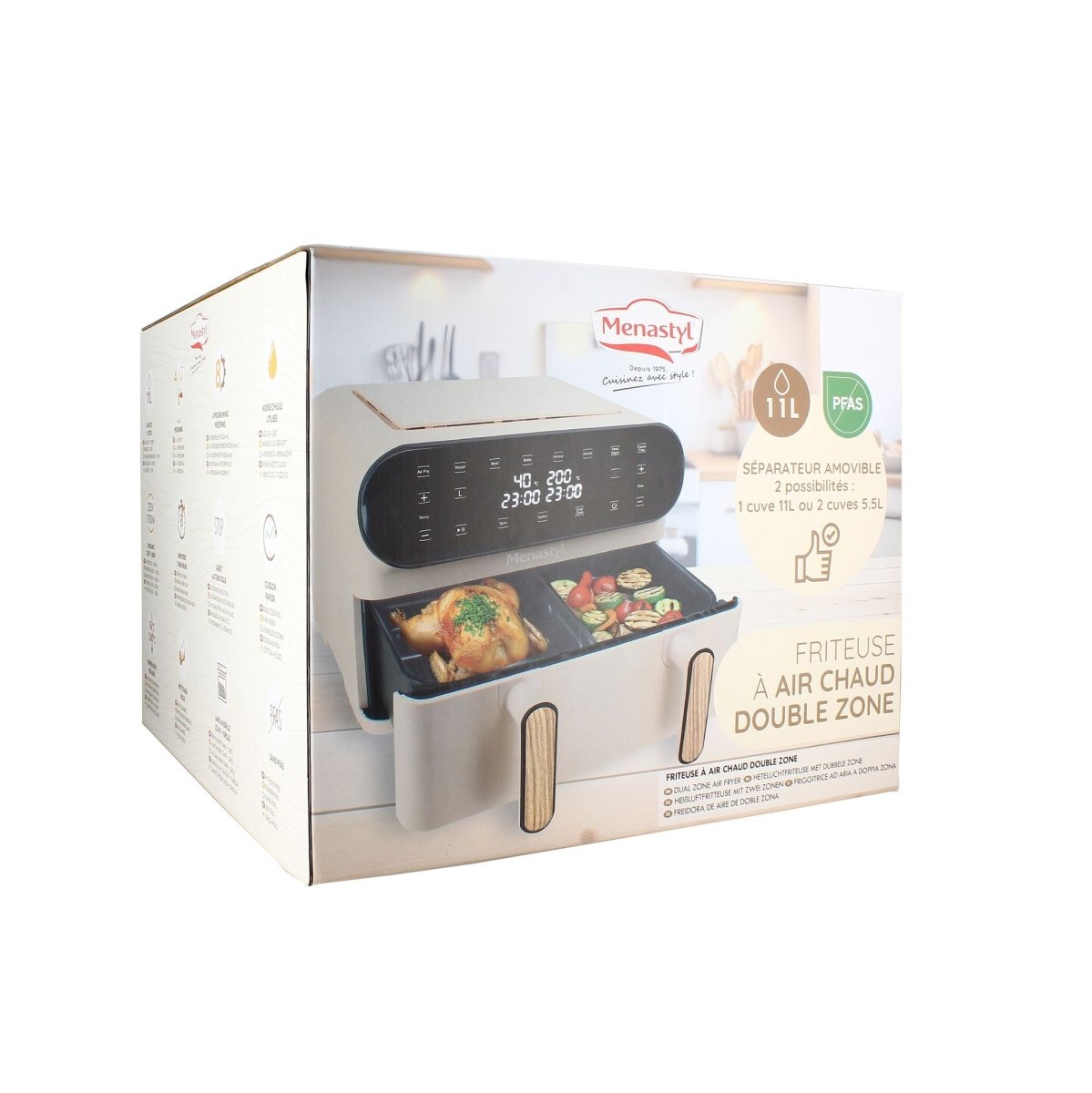 Emballage carton friteuse à air chaud double zone 11L Colorama crème avec visuel produit et aliments
