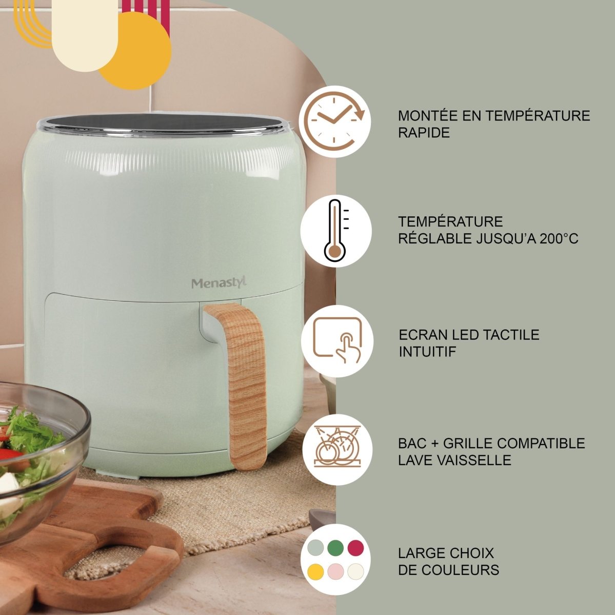 Infographie des 5 fonctionnalités de la friteuse à air chaud Colorama 4,5L : montée en température rapide, température réglable jusqu'à 200°C, écran LED tactile, compatibilité lave-vaisselle et large choix de couleurs