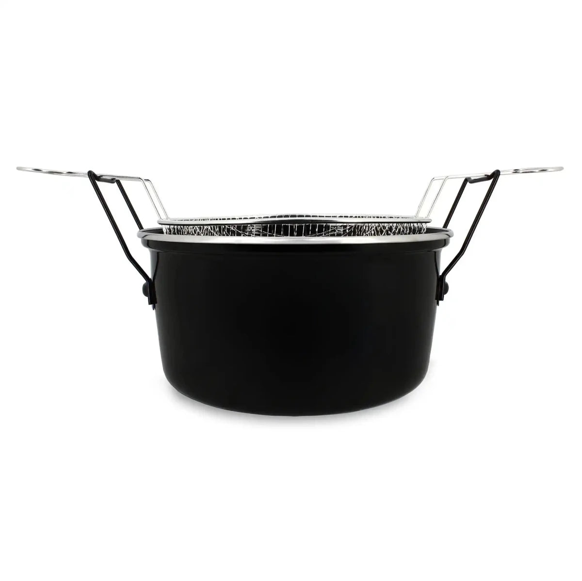 Friteuse Du Nord 28cm Menastyl en acier émaillé noir avec panier et anses chromées, vue de face sur fond blanc