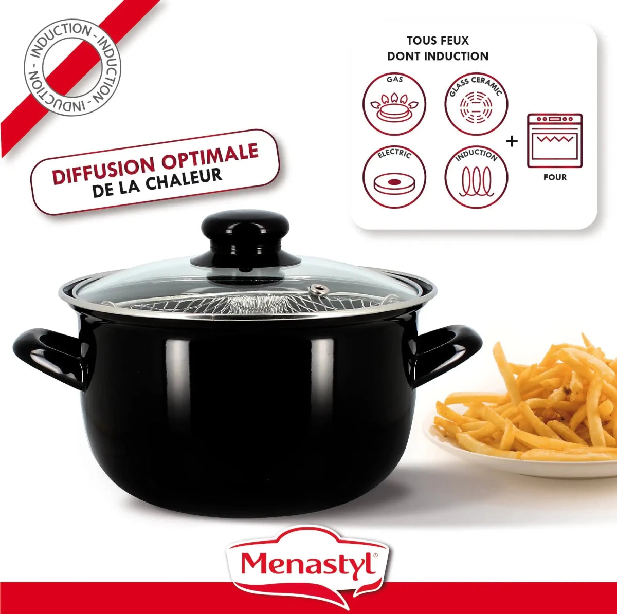 Friteuse acier émaillé noir 20cm avec panier et couvercle, vue avec assiette de frites dorées