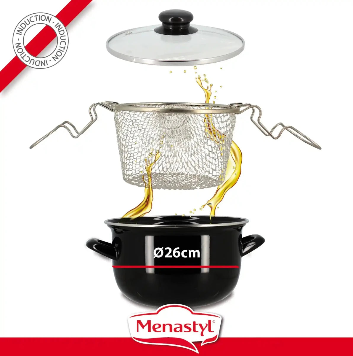 Friteuse en acier émaillé noir 26cm avec panier inox et couvercle verre, démonstration cuisson huile