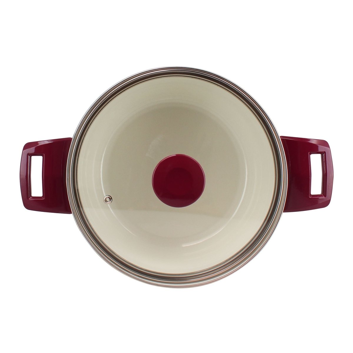 Vue intérieure friteuse Gallina 24cm en acier émaillé beige, avec anses bordeaux et logo central rouge