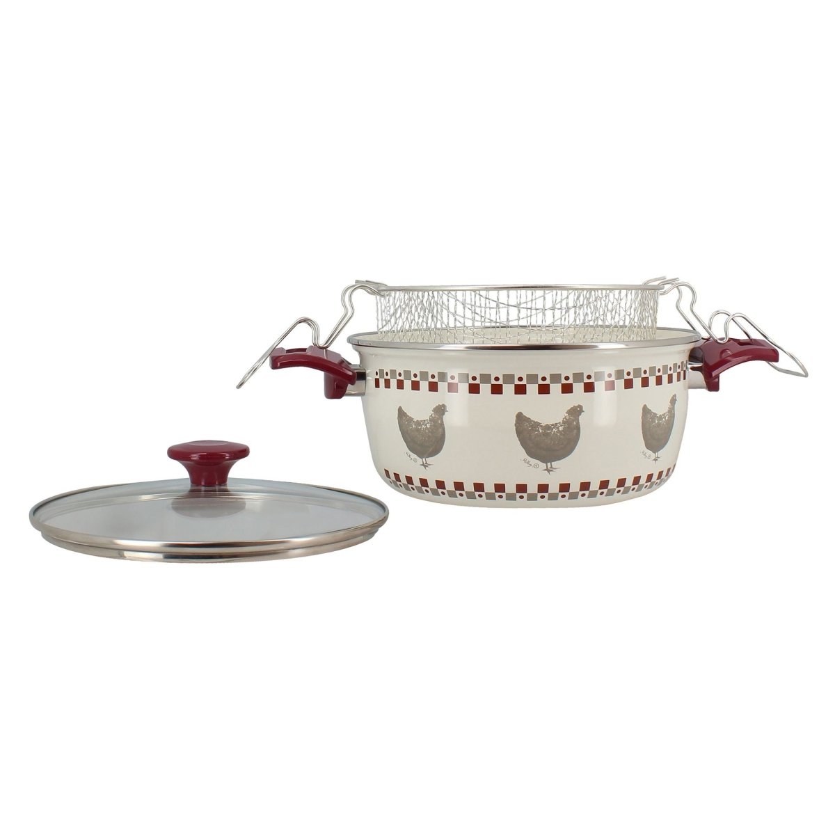 Friteuse Gallina 24cm en acier émaillé Menastyl avec panier, décor poules et damier bordeaux, vue de face avec couvercle