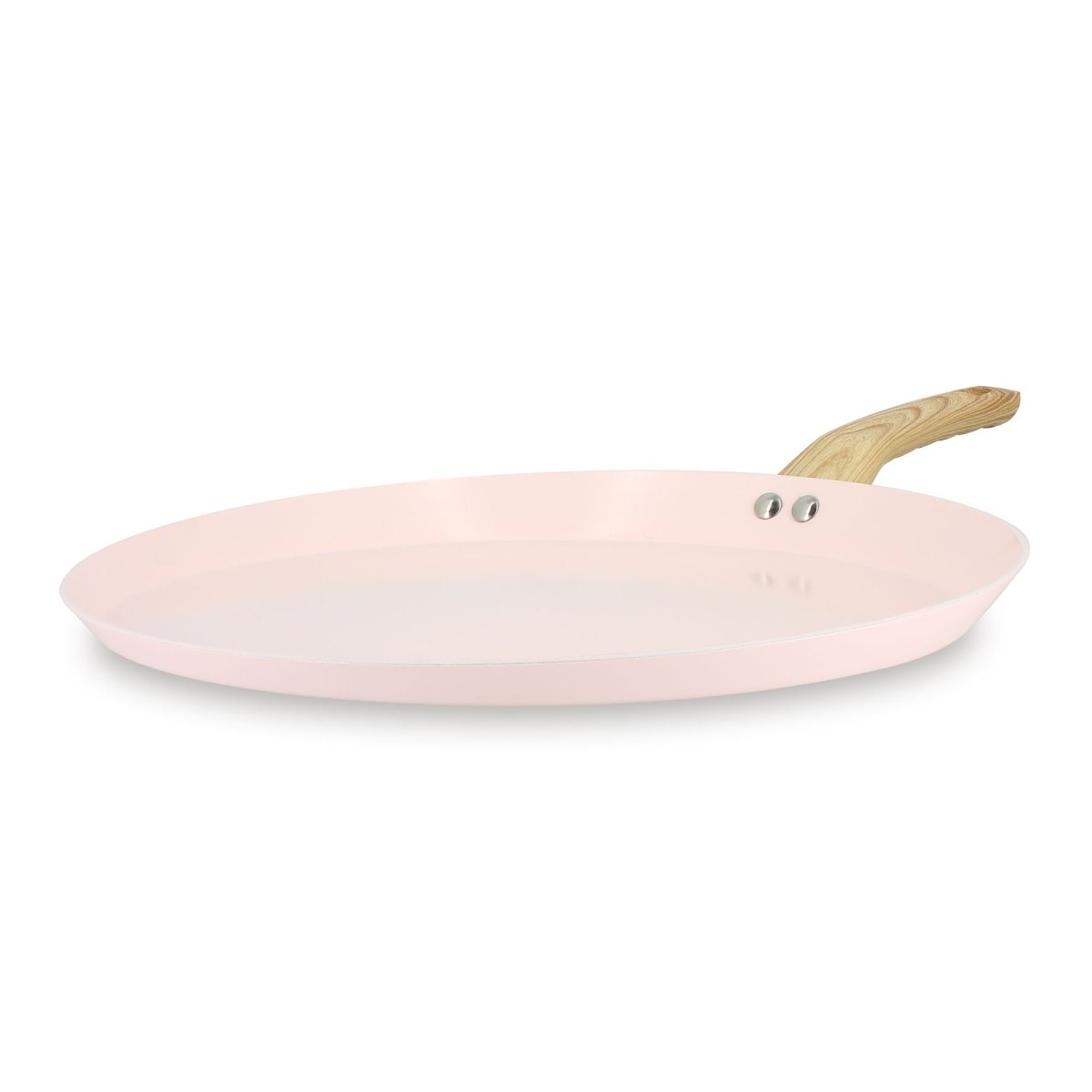 Galetière Colorama 32 cm rose pastel avec manche en bois, vue de trois-quarts sur fond blanc