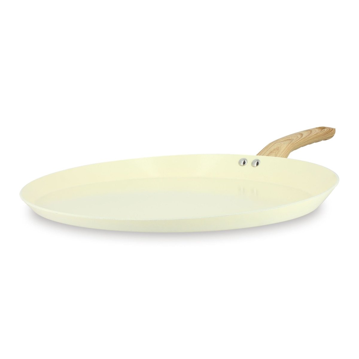 Galetière Colorama 32 cm crème avec manche bois et yeux décoratifs, vue de trois quarts
