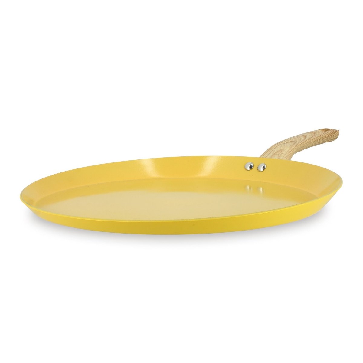 Galetière Colorama 32 cm jaune avec manche bois, vue trois-quarts sur fond blanc