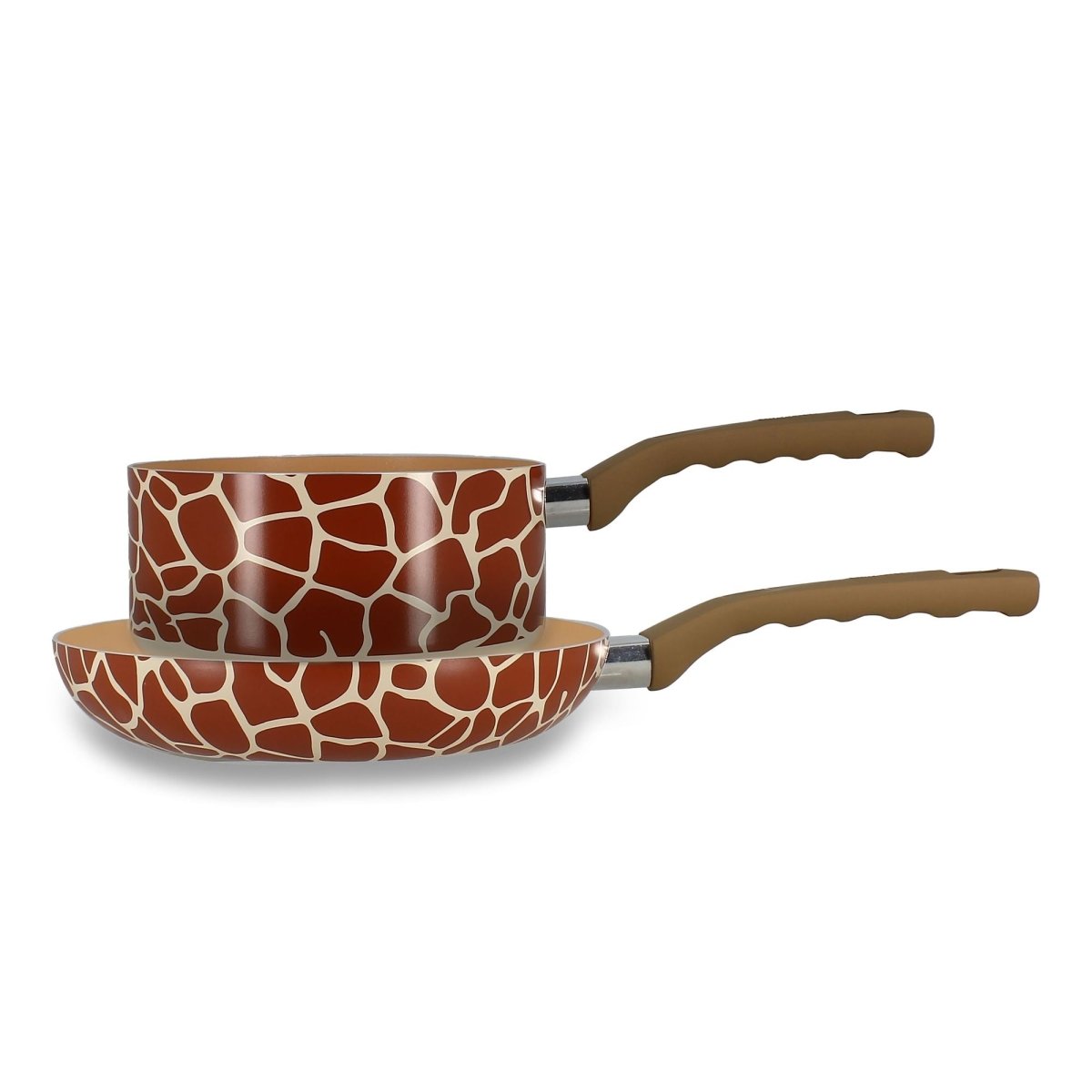 Lot de 2 pièces Girafe Menastyl : poêle et casserole aluminium motif girafe marron et beige, revêtement céramique sans PFAS
