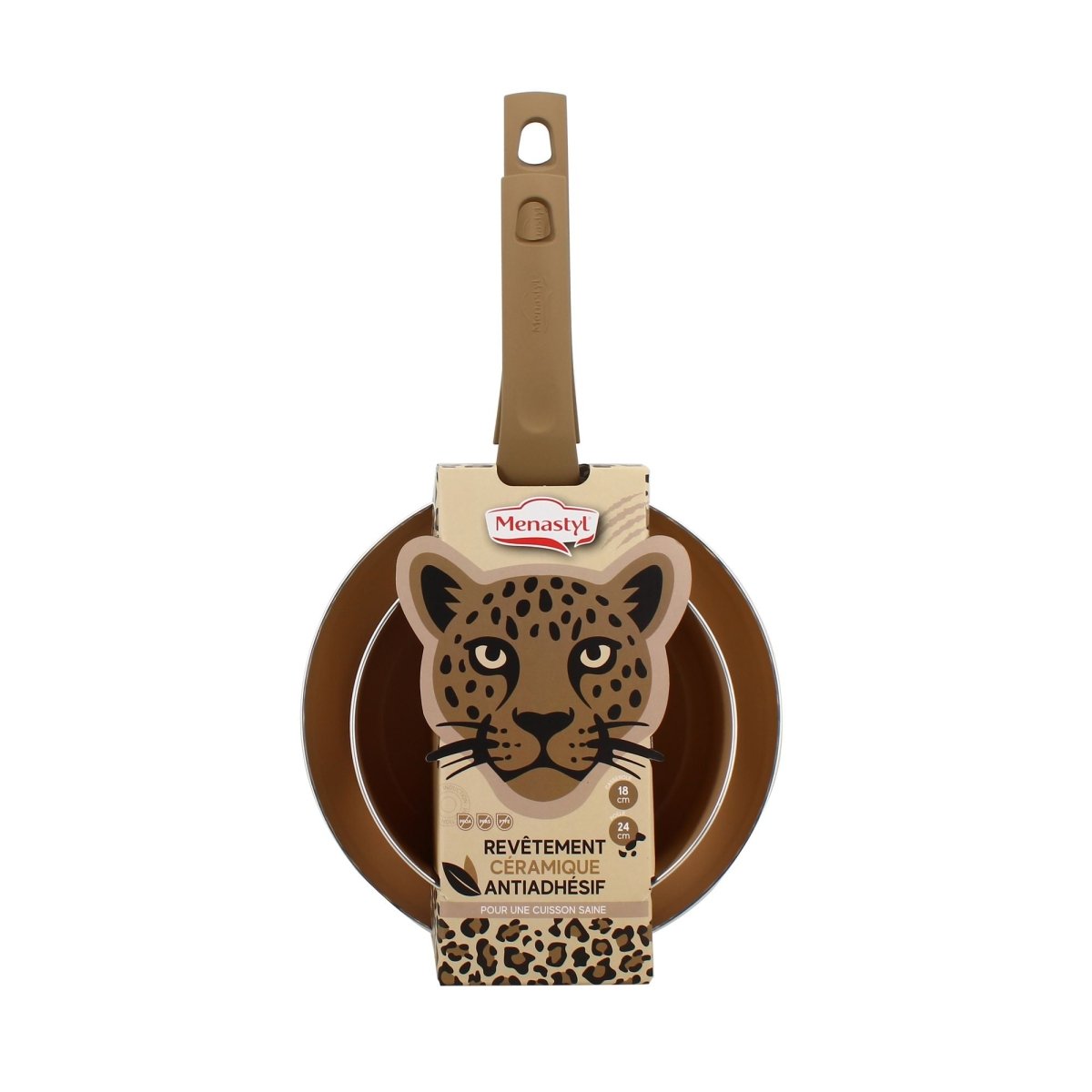 Poêle 18cm Léopard avec revêtement céramique antiadhésif et manche beige, présentée avec packaging design animalier