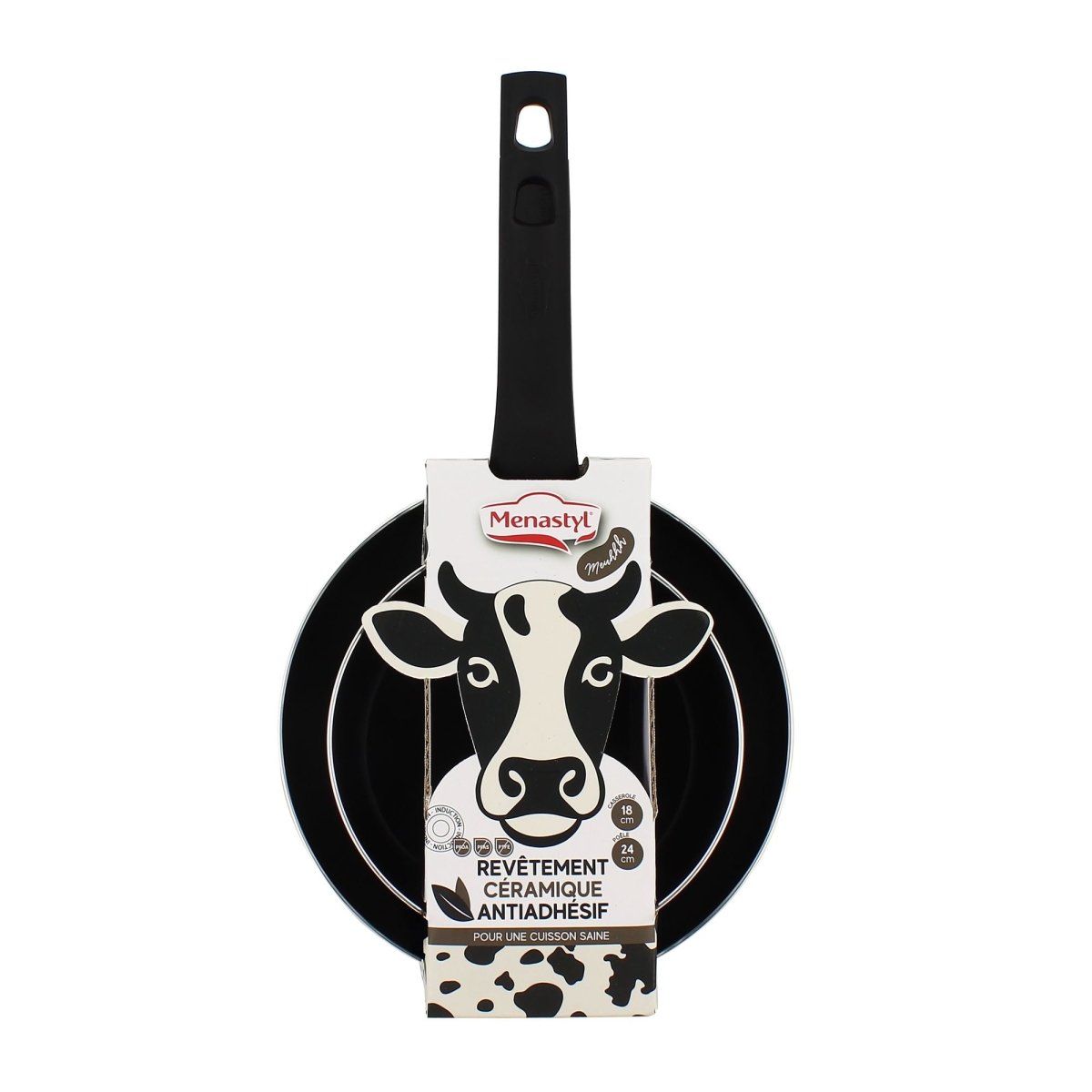 Poêle ronde 24cm noire avec revêtement céramique antiadhésif, motif vache blanc sur l'emballage, vue complète avec manche