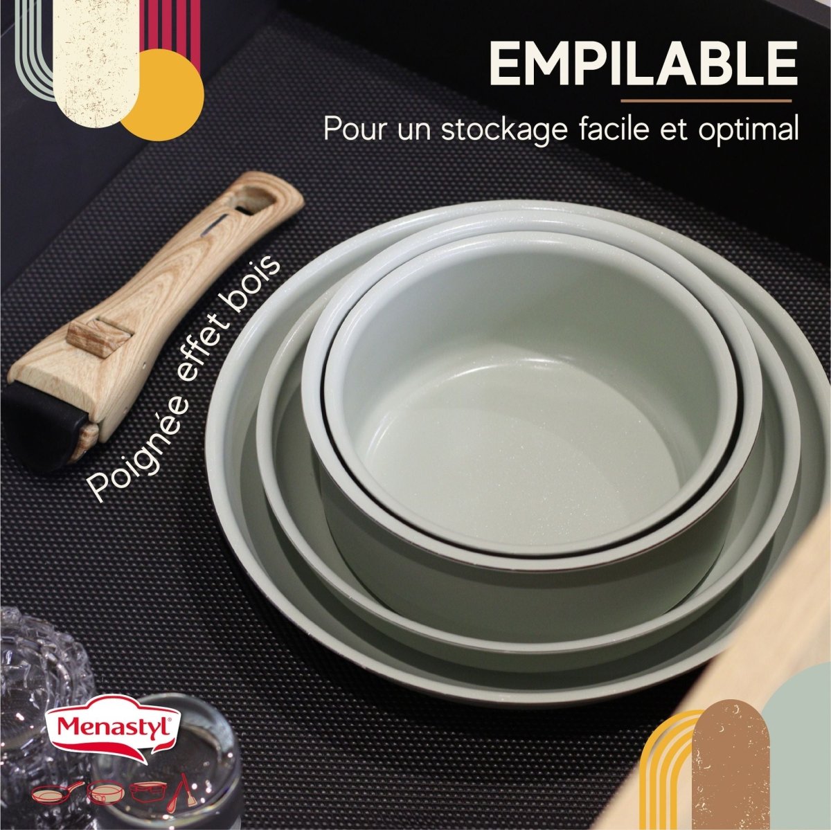 Lot de 2 poêles Colorama empilables en aluminium recyclé avec poignée bois amovible, design scandinave vert et blanc