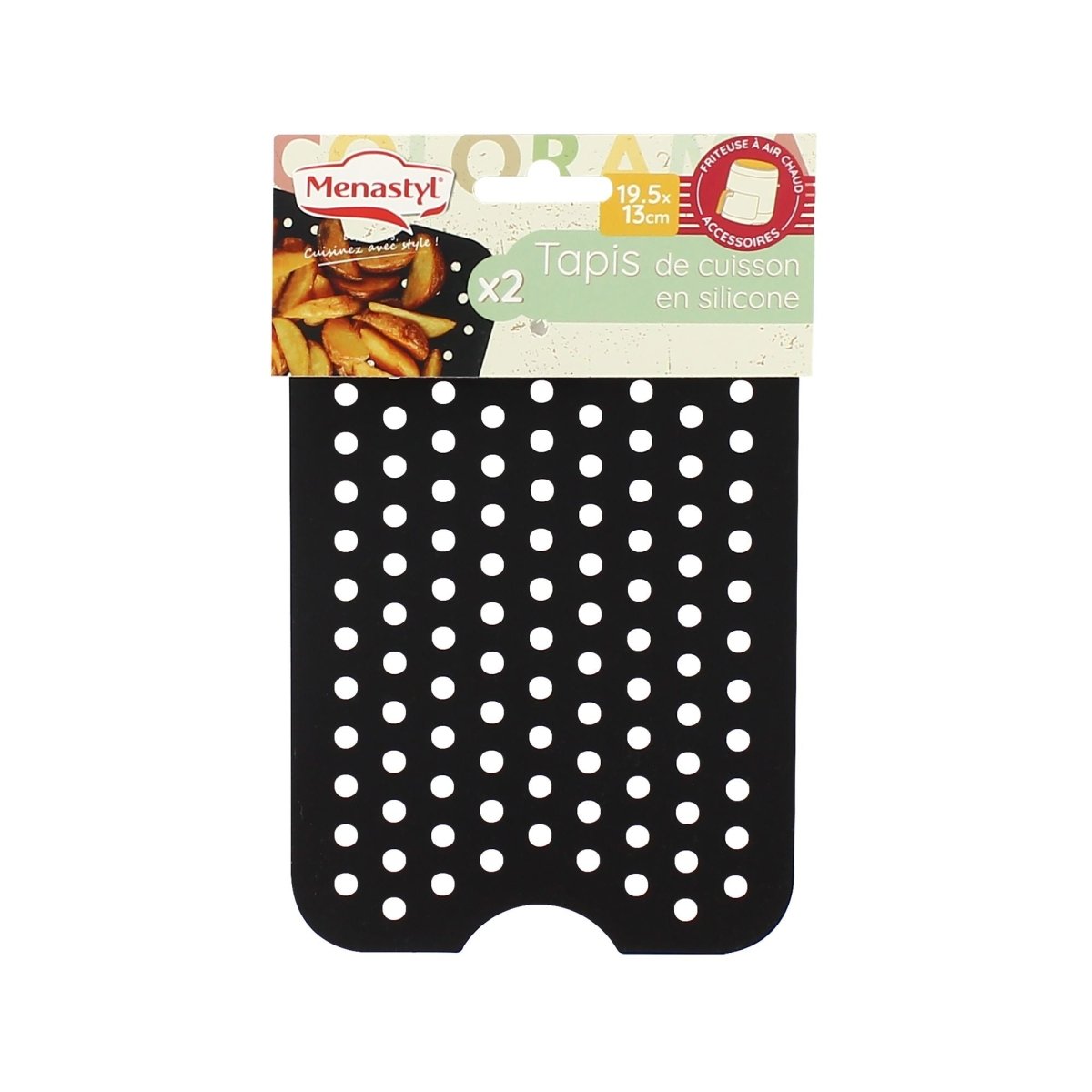 Lot de 2 tapis de cuisson silicone noir à pois blancs pour friteuse à air chaud, format rectangle 19,5 x 13 cm
