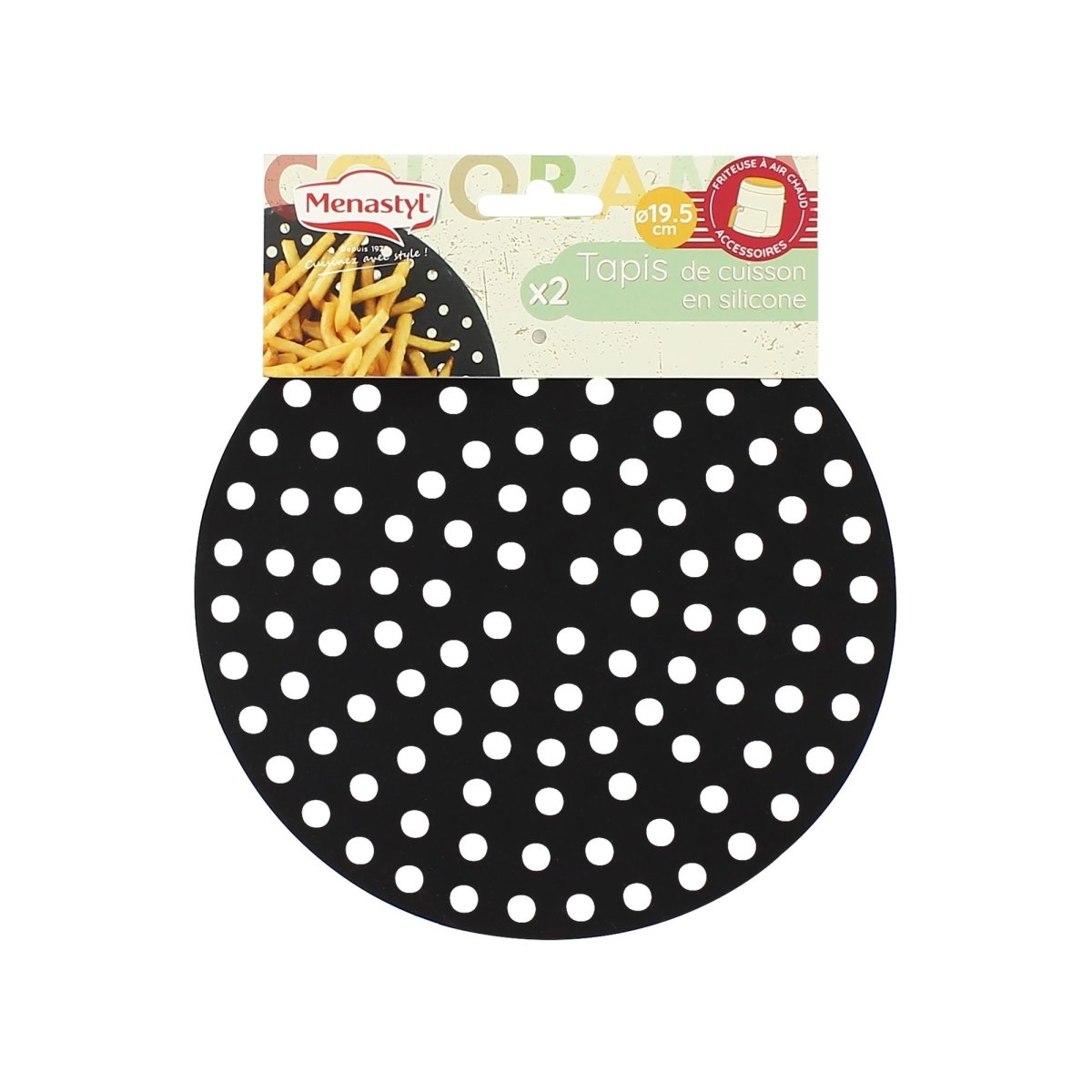 Lot de 2 tapis de cuisson ronds noirs à pois blancs en silicone pour friteuse à air chaud, diamètre 19,5 cm