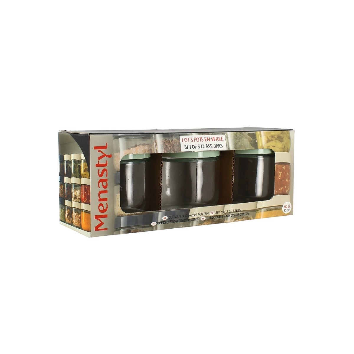Lot de 3 boîtes hermétiques 30cl en verre avec couvercle vert dans emballage carton Menastyl