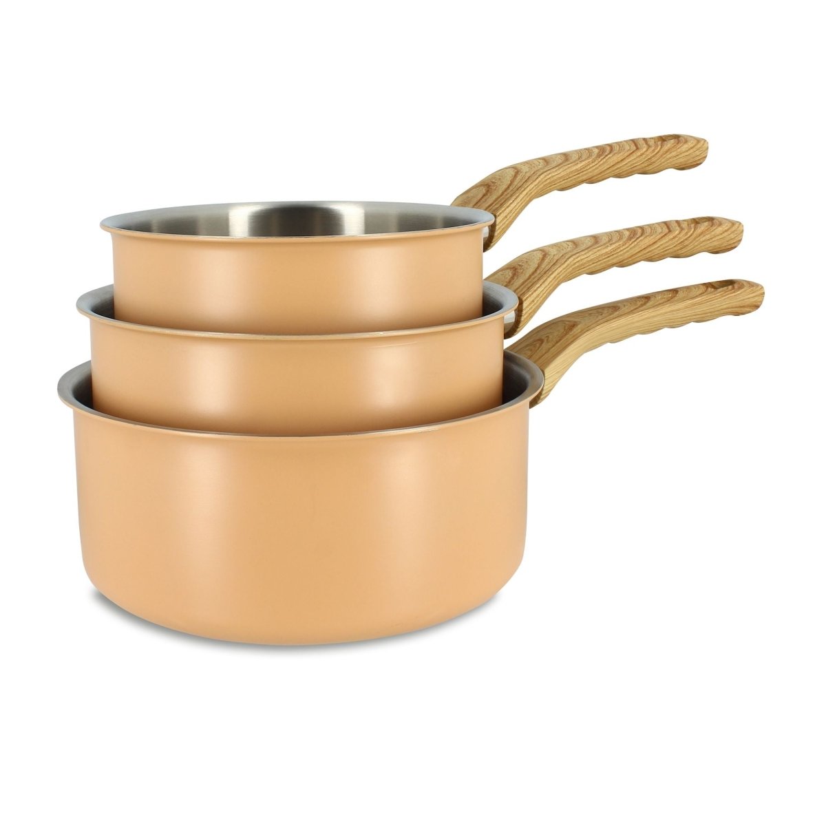 Lot de 3 casseroles Easynox empilées en aluminium doré avec manches bois, vue en perspective