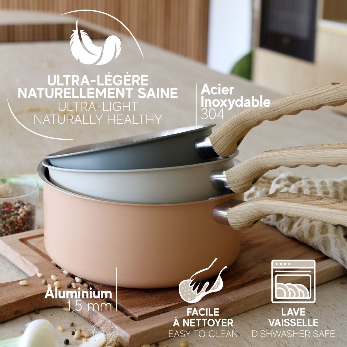 Lot de 3 casseroles Easynox empilées, acier inoxydable 304 et aluminium 1,5mm, manches bois, compatible lave-vaisselle