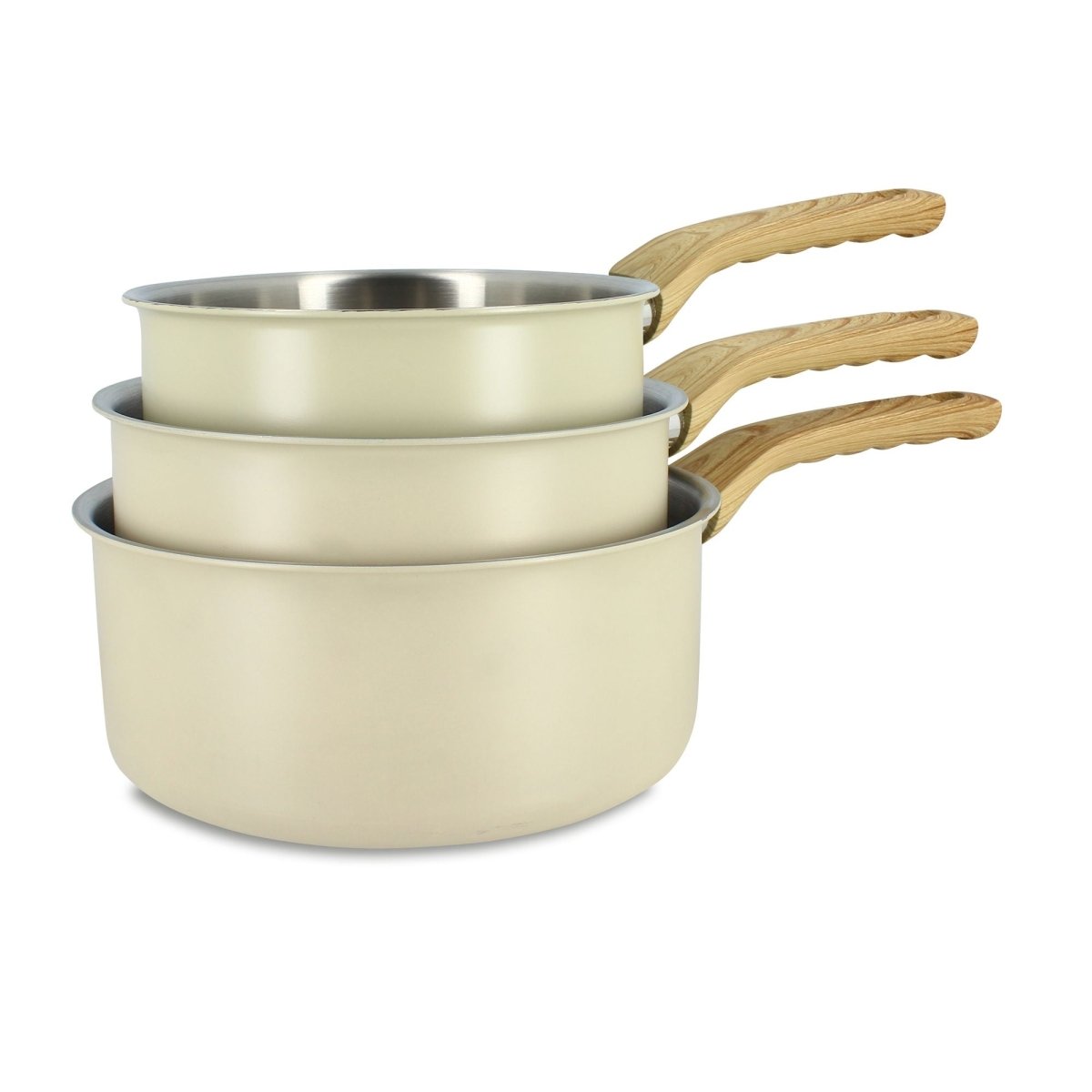 Lot de 3 casseroles Easynox Menastyl en inox beige crème avec manches bois empilées, vue d'ensemble