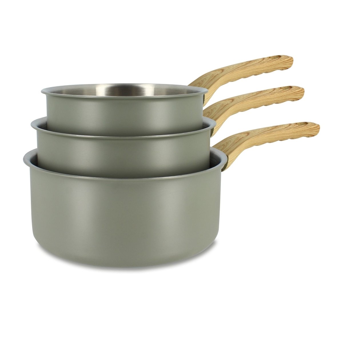 Lot de 3 casseroles Easynox inox empilées avec manches bois, vue d'ensemble sur fond blanc