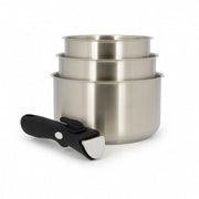 Lot de 3 casseroles Iris inox 16/18/20 cm empilées avec poignée amovible noire, vue frontale Menastyl