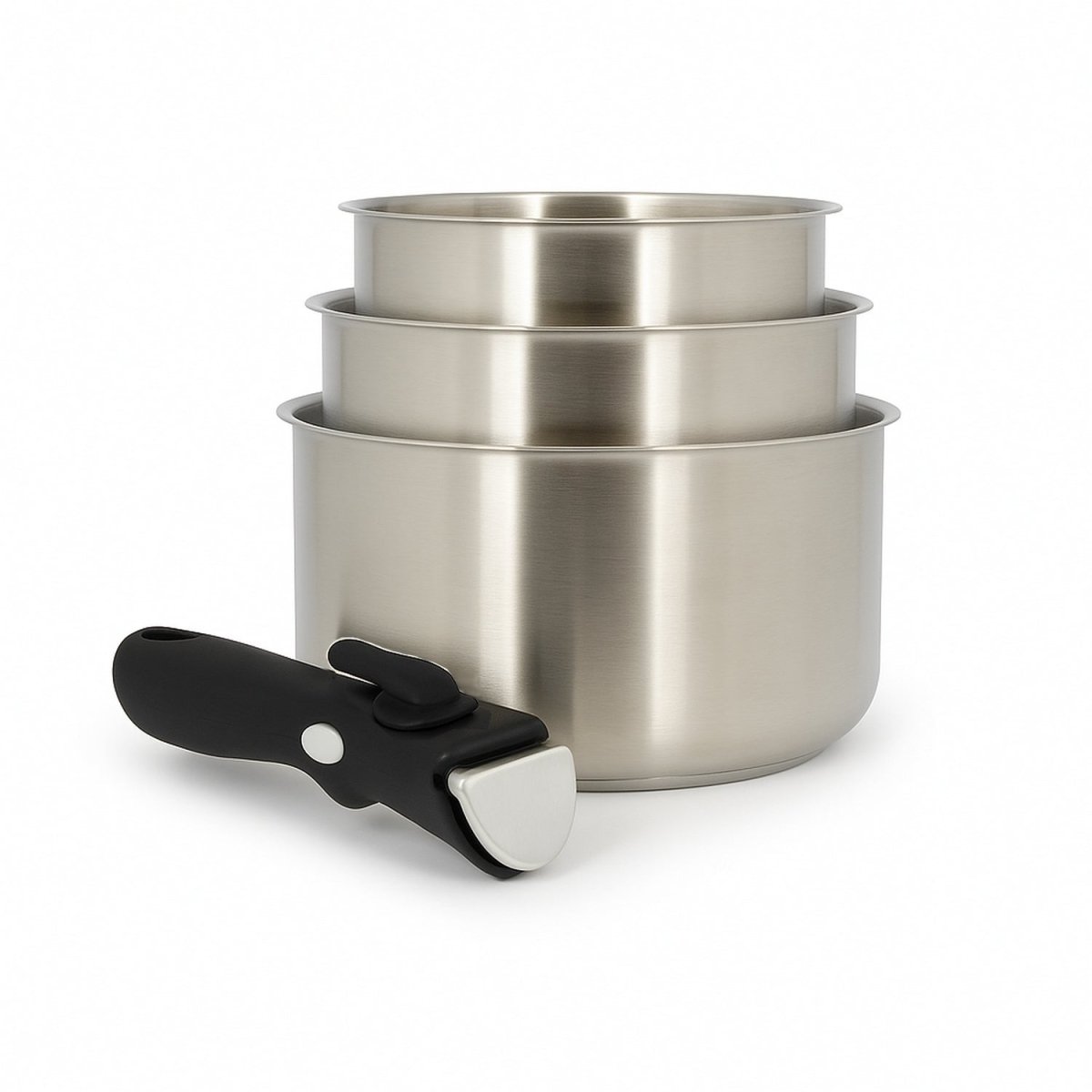 Lot de 3 casseroles Iris inox 16/18/20 cm empilées avec poignée amovible noire, vue frontale Menastyl