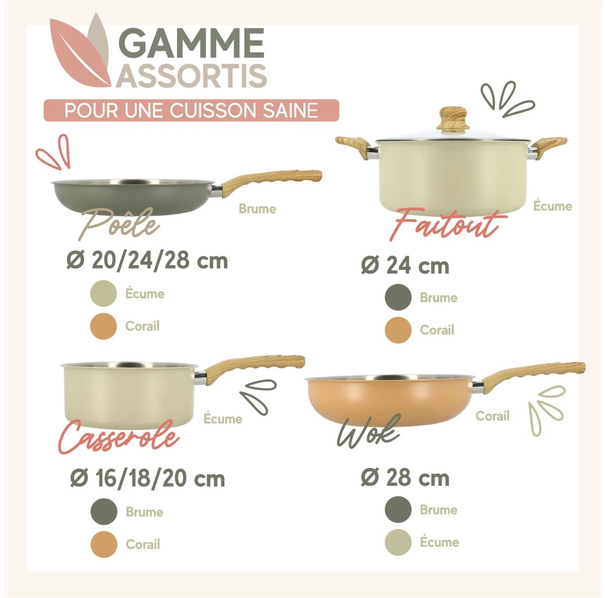 Gamme assortis de poêles, faitout, casserole et wok avec détails des tailles et coloris disponibles