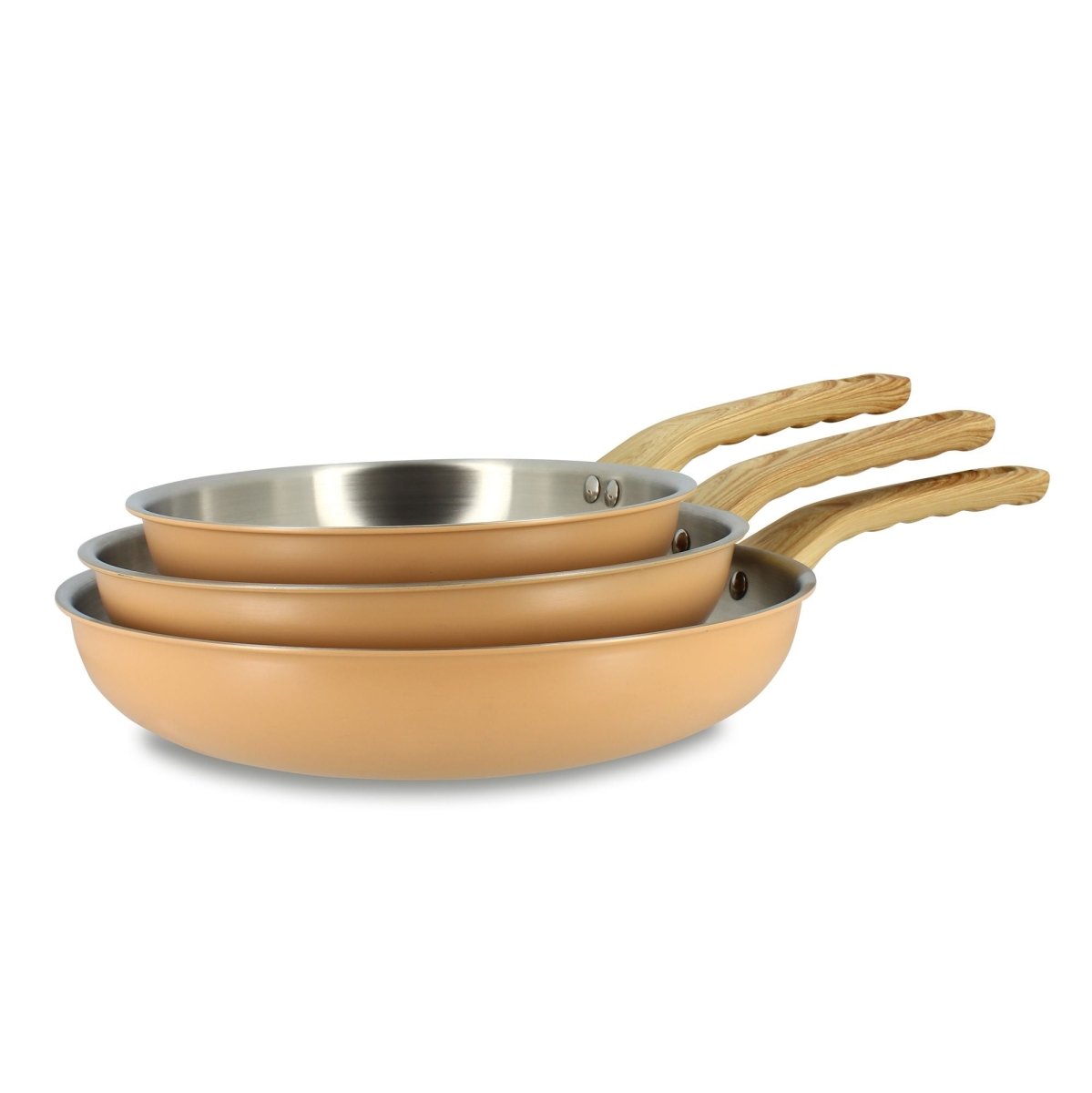Lot de 3 poêles Easynox empilées, extérieur cuivré et intérieur inox, manches bois clair