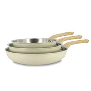 Lot de 3 poêles Easynox Menastyl inox et bois empilées, extérieur beige, intérieur inox brossé