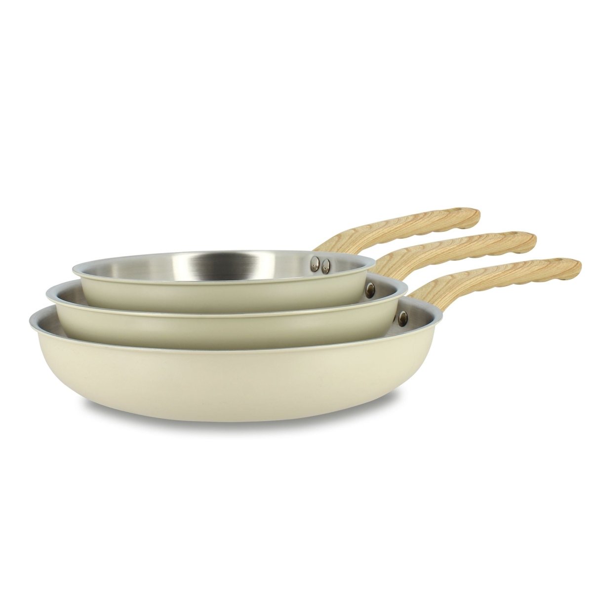 Lot de 3 poêles Easynox Menastyl inox et bois empilées, extérieur beige, intérieur inox brossé