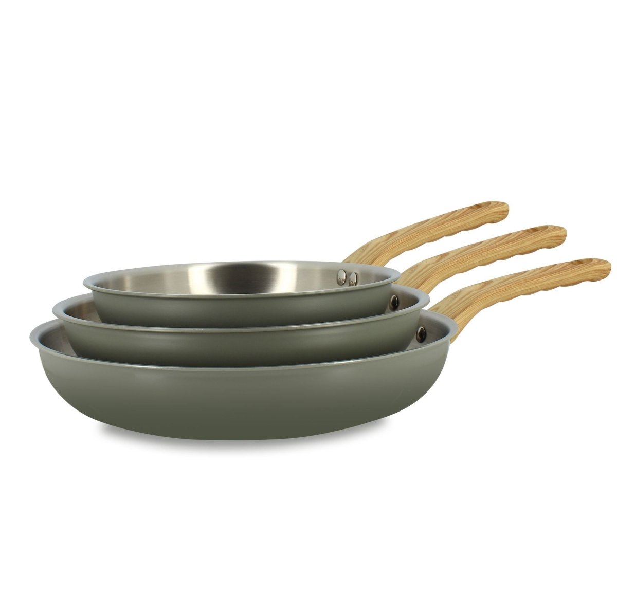 Lot de 3 poêles Easynox en inox et aluminium empilées, manches bois clair, vue d'ensemble