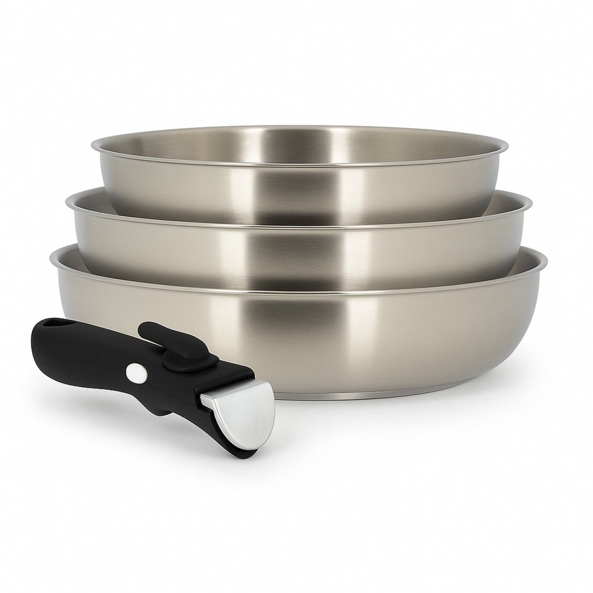 Lot de 3 poêles Iris Inox empilées avec poignée amovible noire Menastyl, acier inoxydable brossé